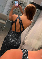 Cecilia | Black Mermaid One Shoulder Backless Formal Dress with Sequins - Black - PromDressClub